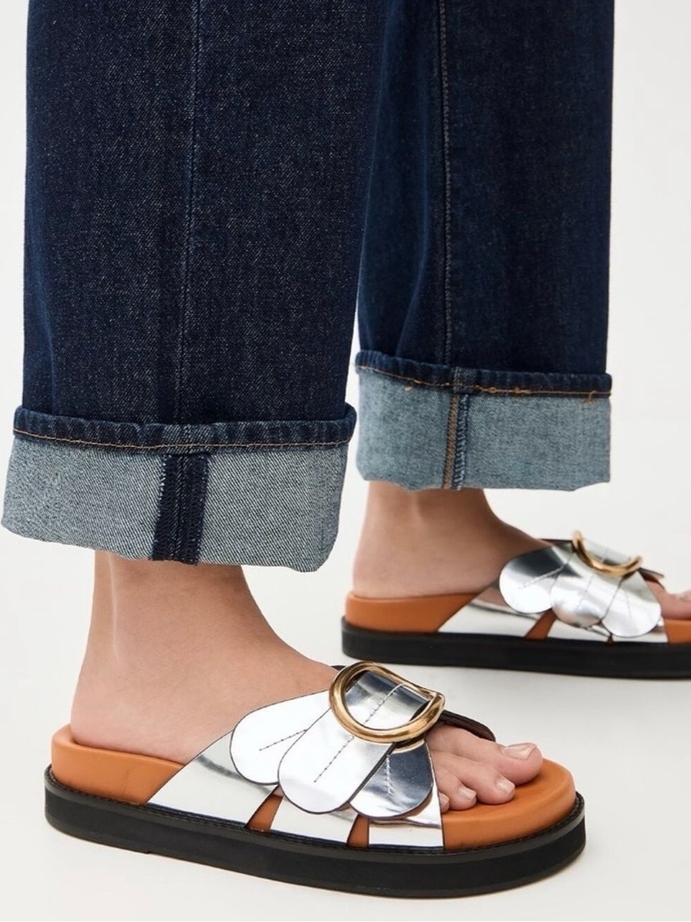 NWT FARM Rio Metallic Silver Slide Daisy Sandals